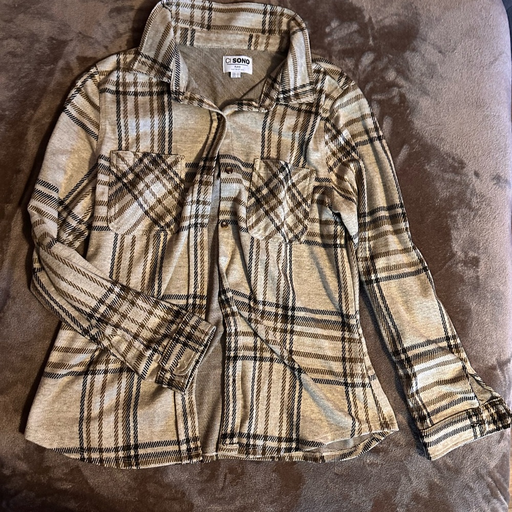 Ci Sono Beige and Brown Plaid Shirt